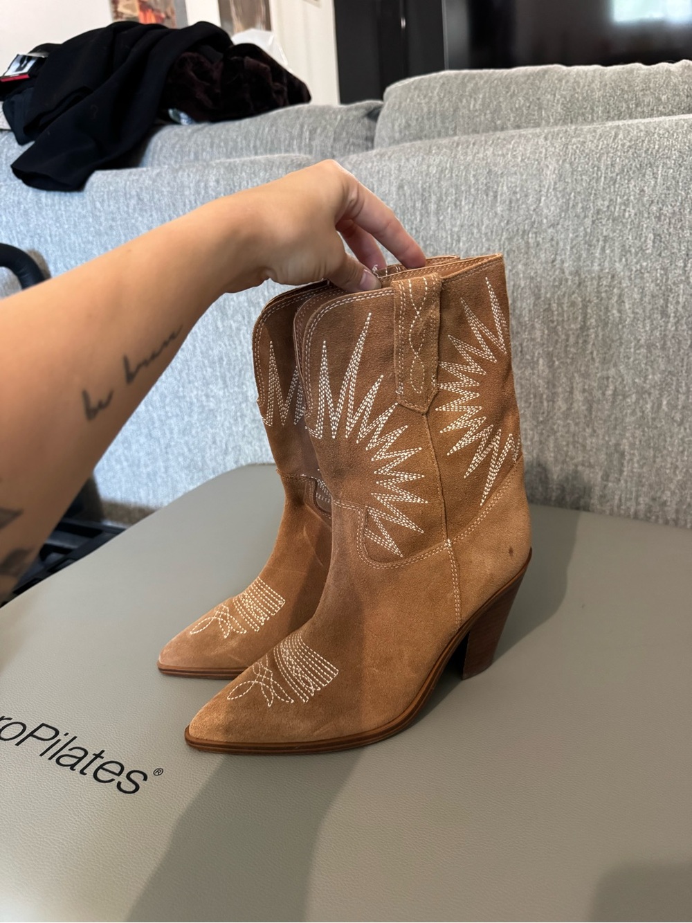 Marc Fisher Tan Suede Western Ankle Boots with White Stitching